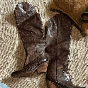 Brown Crocodile Pattern Knee-High Boots